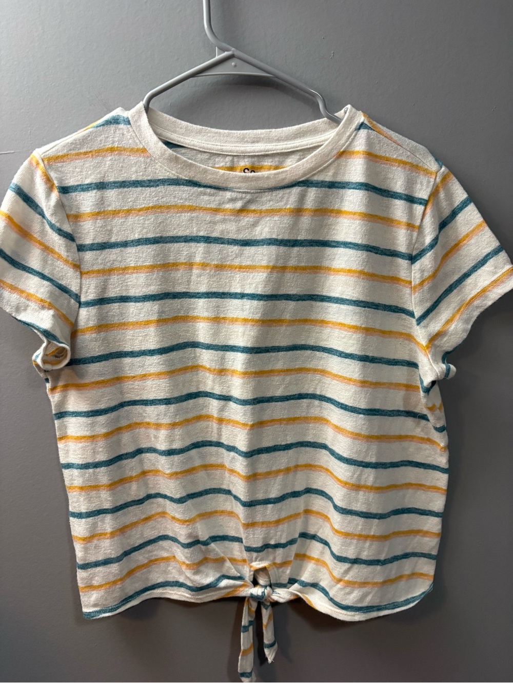 SO White Tee with Teal & Yellow Stripes and Front Tie